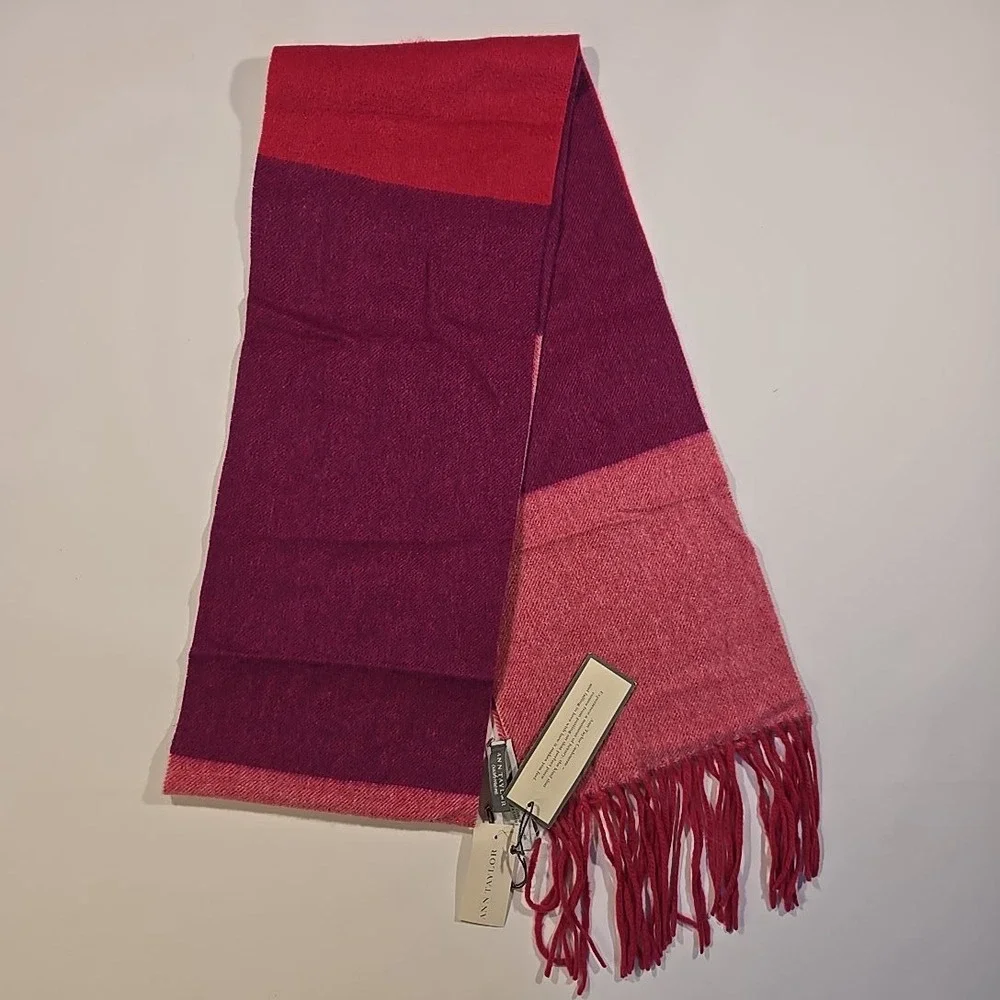 Ann‎ Taylor Cashmere Scarf One Size Pink Red Tags Colorblock Tassel Small Hole